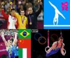 Podyum Artistik Jimnastik Yüzükler, Arthur Nabarrete Zanetti (Brezilya), Chen Yibing (Çin) ve Matteo Morandi (İtalya), Londra 2012